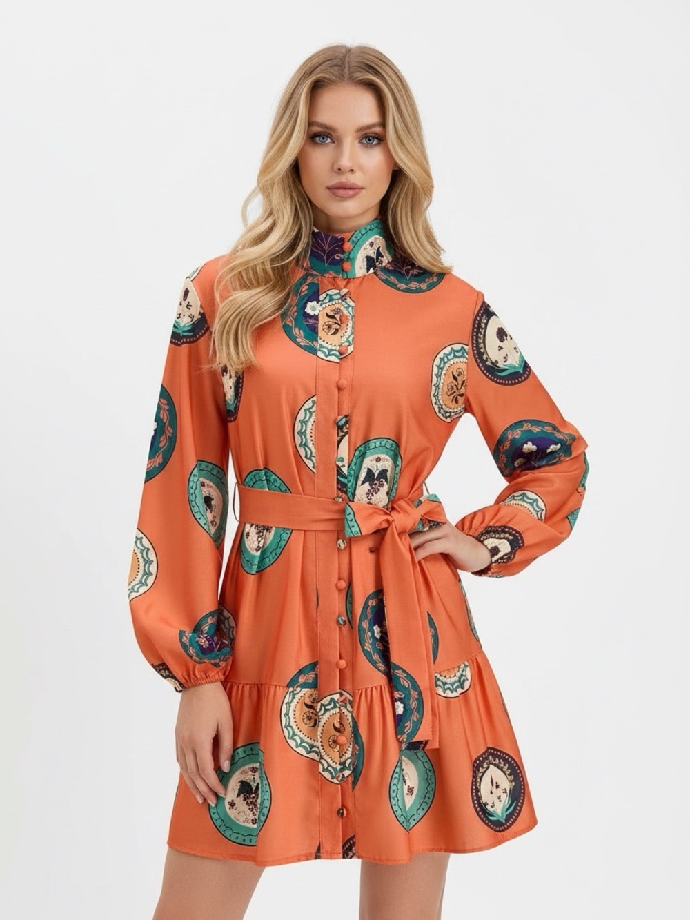 Commense Printed Belted Cotton Linen Long Sleeve Mini Dress - Picture 5 of 16